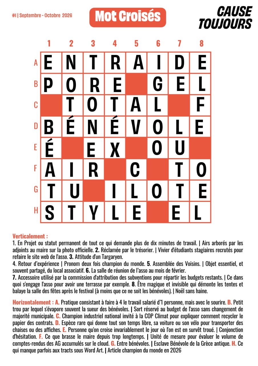 Solution des mots croisés du N°001 — Cause Toujours !